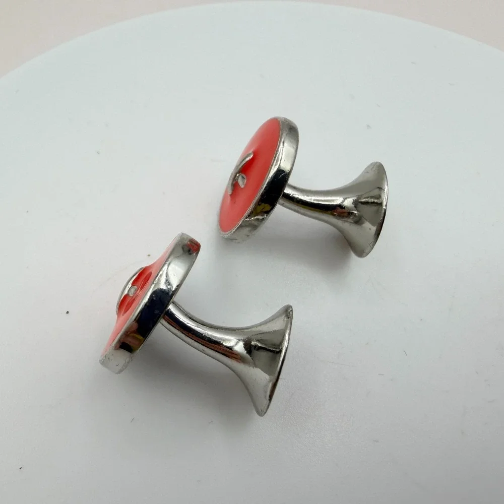 Vintage 90s Silver Tone Men Cufflink Stud Set Blue Red Enamel Jewelry